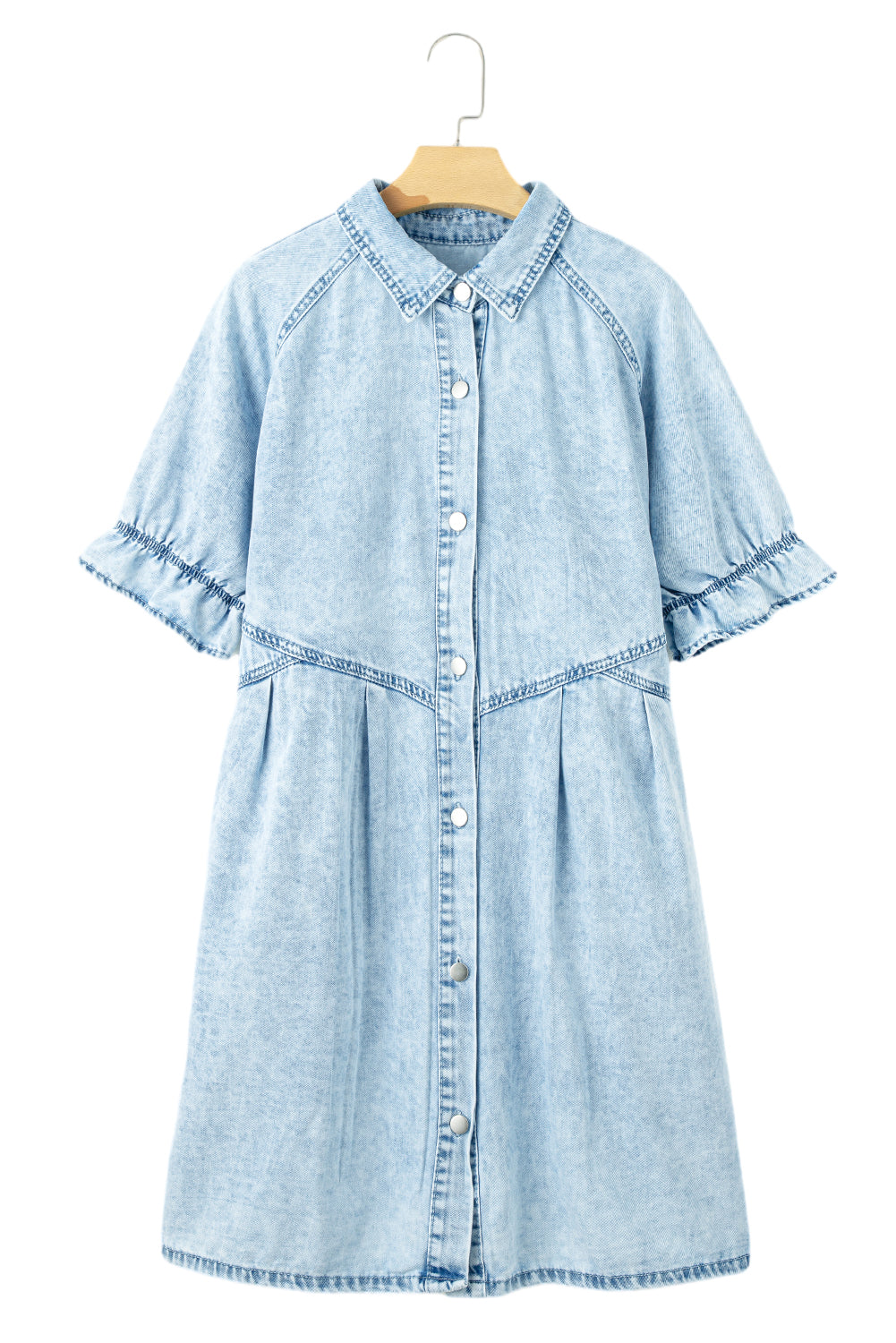 Beau Blue Mineral Wash Ruffled Short Sleeve Buttoned Denim Dress - PrizQ