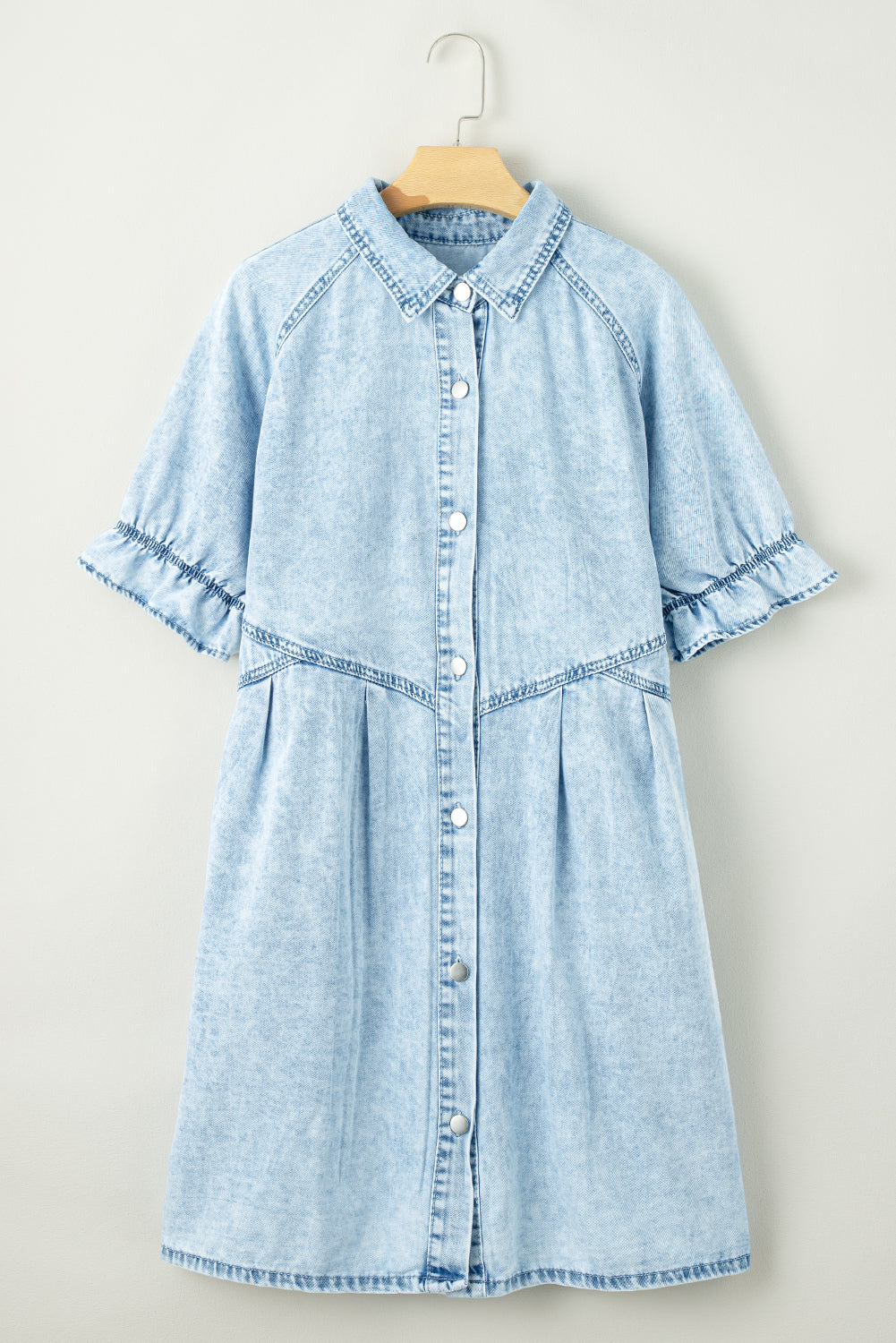 Beau Blue Mineral Wash Ruffled Short Sleeve Buttoned Denim Dress - PrizQ