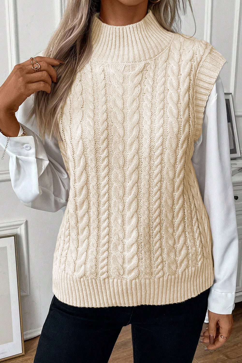 Oatmeal Cable Knit High Neck Sweater Vest - PrizQ