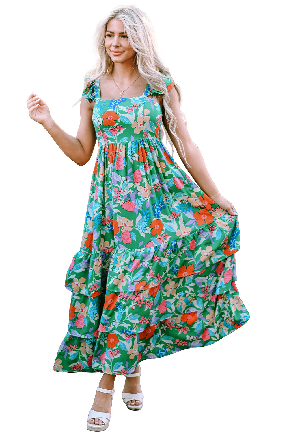 Roze mouwloze maxi-jurk met bloemenprint en ruches - PrizQ