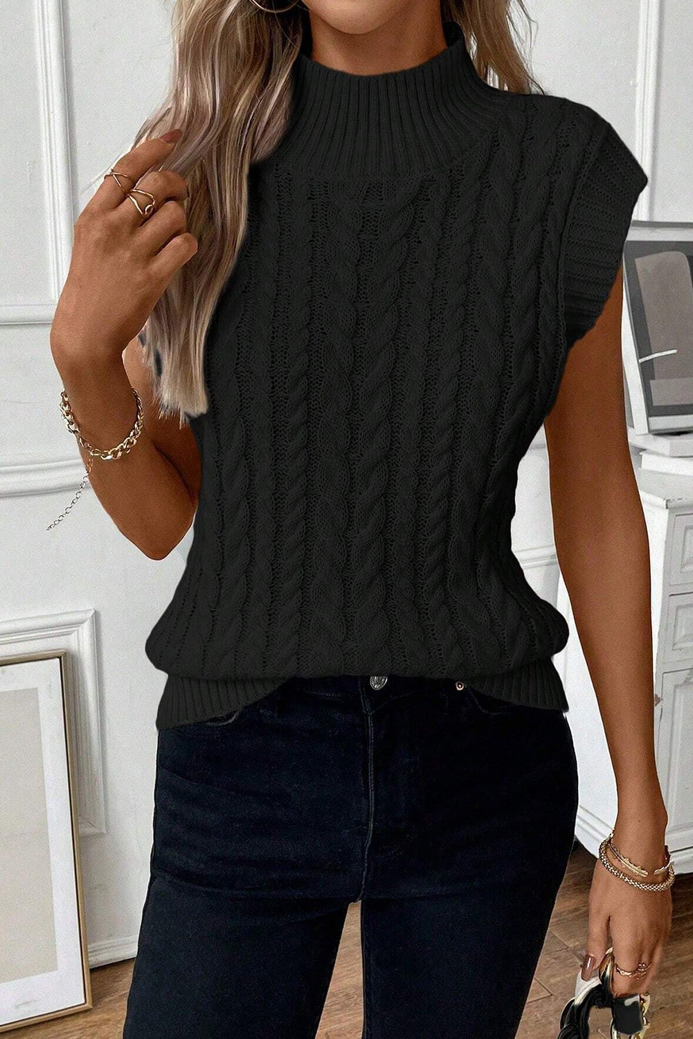 Oatmeal Cable Knit High Neck Sweater Vest - PrizQ