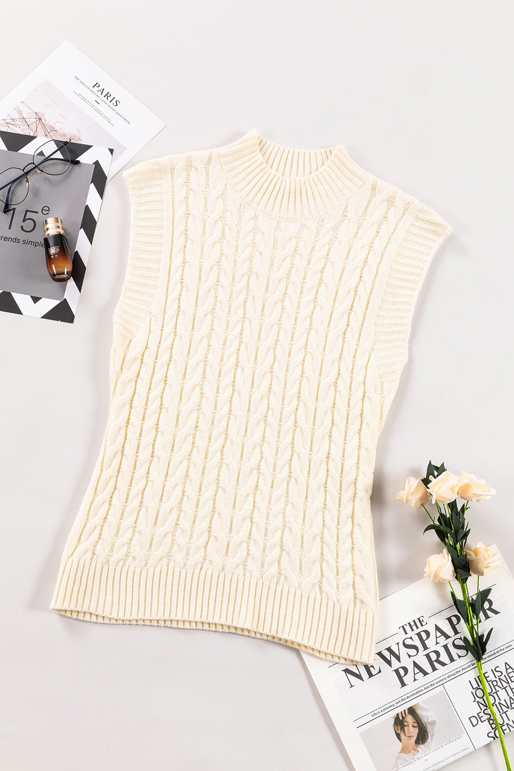 Oatmeal Cable Knit High Neck Sweater Vest - PrizQ