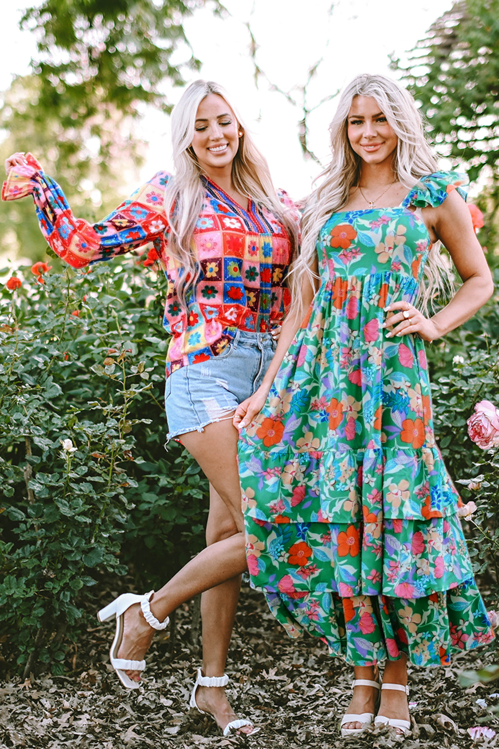 Roze mouwloze maxi-jurk met bloemenprint en ruches - PrizQ