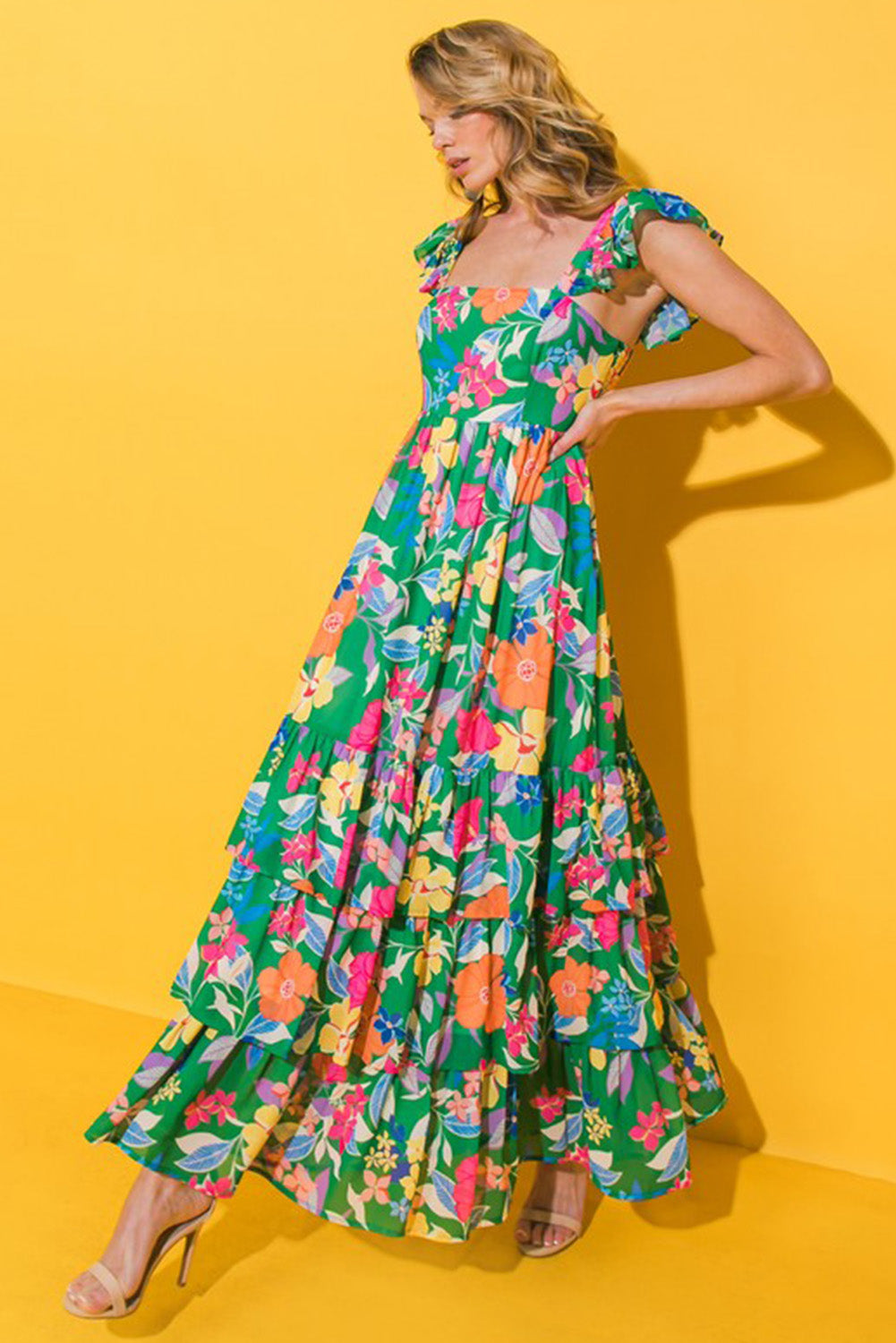 Roze mouwloze maxi-jurk met bloemenprint en ruches - PrizQ