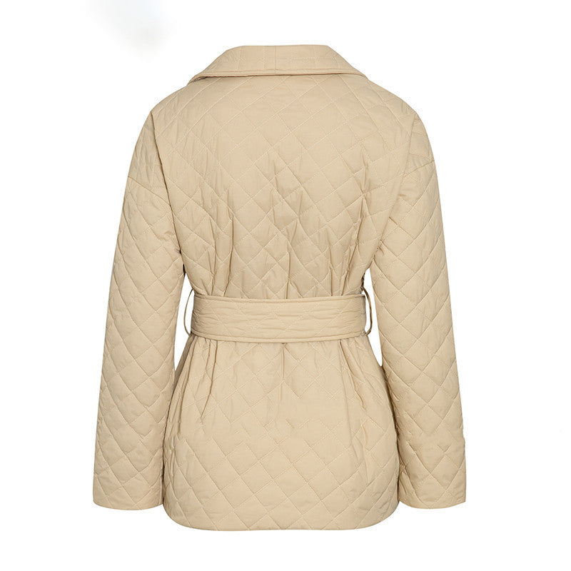 Nieuwe Warme Korte Dames Parka met Katoen Vulling, Riem en Revers Kraag - PrizQ