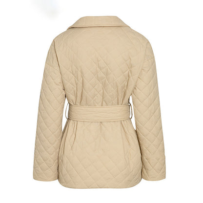 Nieuwe Warme Korte Dames Parka met Katoen Vulling, Riem en Revers Kraag - PrizQ