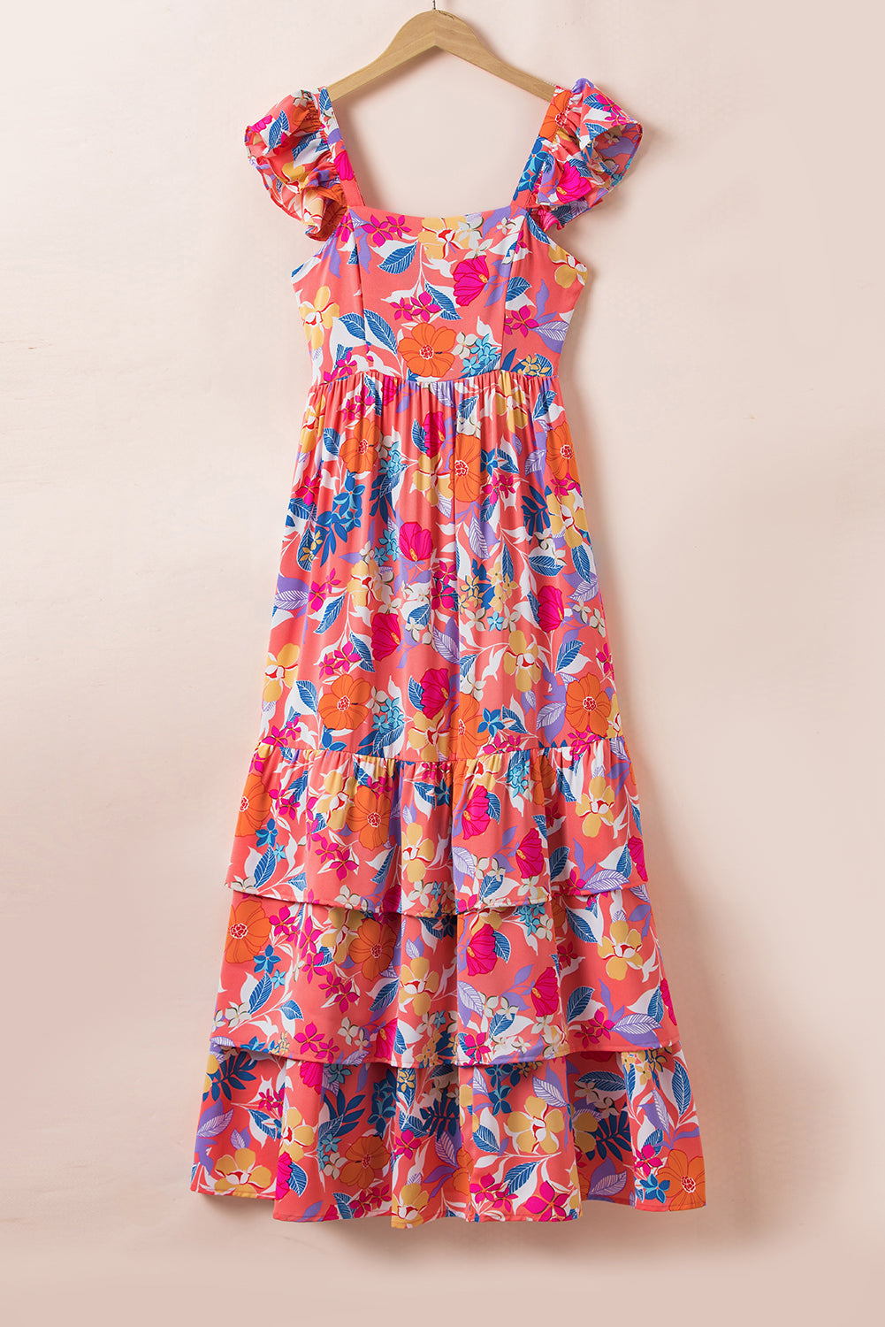 Roze mouwloze maxi-jurk met bloemenprint en ruches - PrizQ