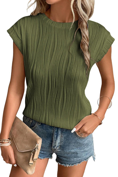 Black Wavy Texture Cap Sleeve Top - PrizQ
