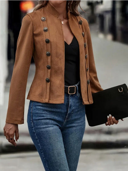 Suède Jack met Tweedubbele Knopen en Decoratieve Details – Modieuze Retro Bovenkleding met Lange Mouwen voor Dames - PrizQ