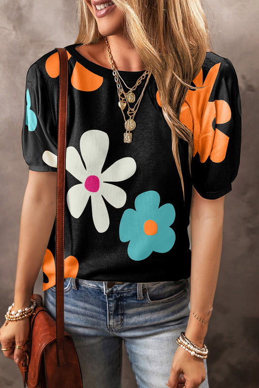 Zwarte Tee met bloemenprint - PrizQ