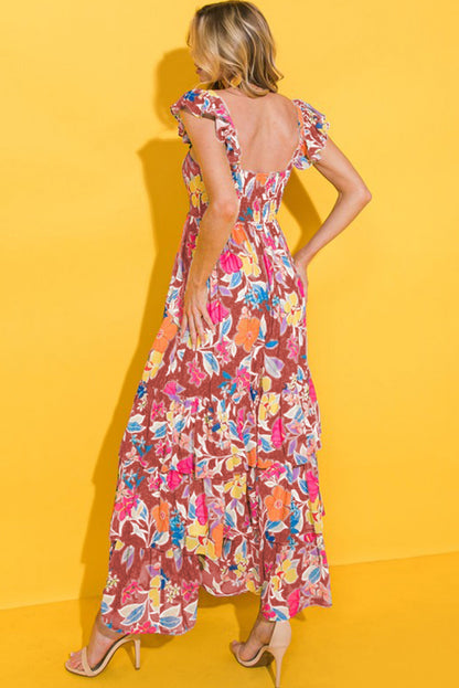 Roze mouwloze maxi-jurk met bloemenprint en ruches - PrizQ