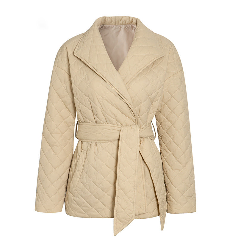 Nieuwe Warme Korte Dames Parka met Katoen Vulling, Riem en Revers Kraag - PrizQ