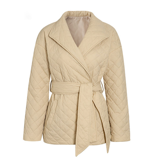 Nieuwe Warme Korte Dames Parka met Katoen Vulling, Riem en Revers Kraag - PrizQ