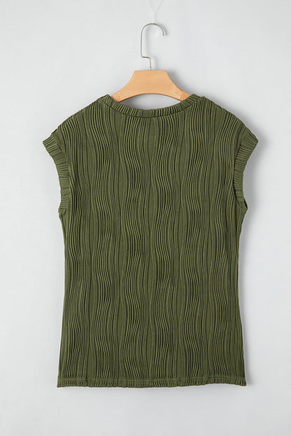 Black Wavy Texture Cap Sleeve Top - PrizQ