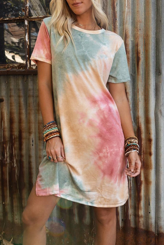 Multicolor Tie Dye Oversized Slit Tee Dress - PrizQ