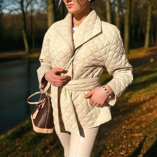 Nieuwe Warme Korte Dames Parka met Katoen Vulling, Riem en Revers Kraag - PrizQ
