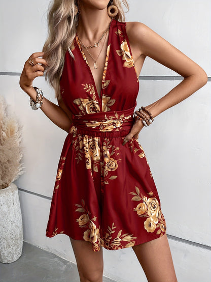 women's flowers print shorts jumpsuit - PrizQ