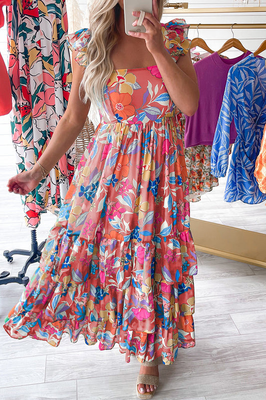 Roze mouwloze maxi-jurk met bloemenprint en ruches - PrizQ