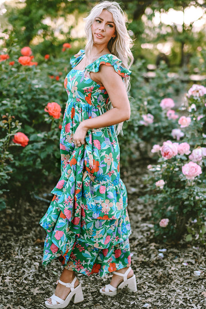 Roze mouwloze maxi-jurk met bloemenprint en ruches - PrizQ