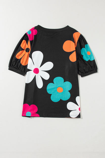 Zwarte Tee met bloemenprint - PrizQ