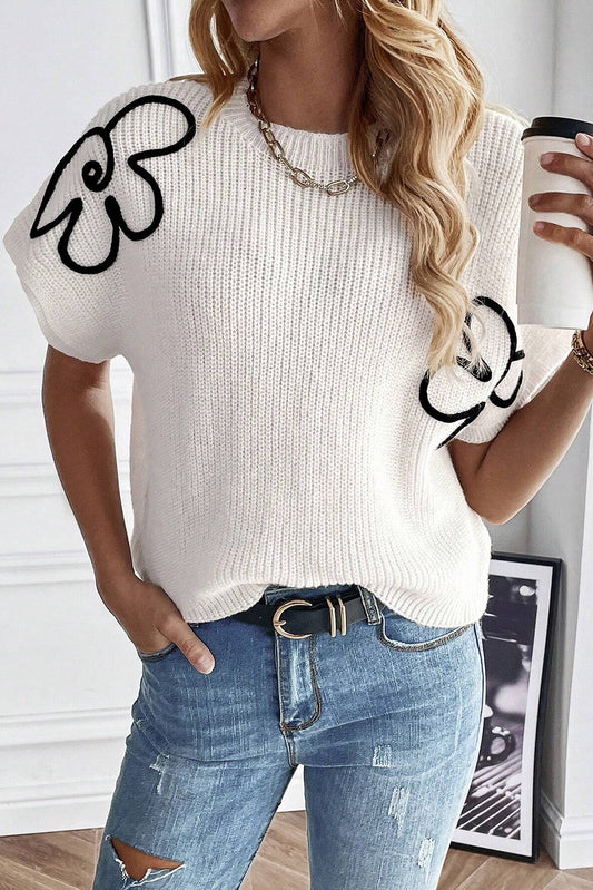White Flower Embroidery Sweater Top - PrizQ