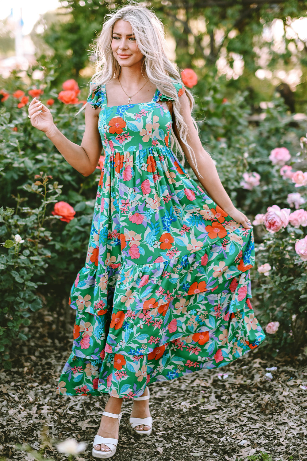 Roze mouwloze maxi-jurk met bloemenprint en ruches - PrizQ