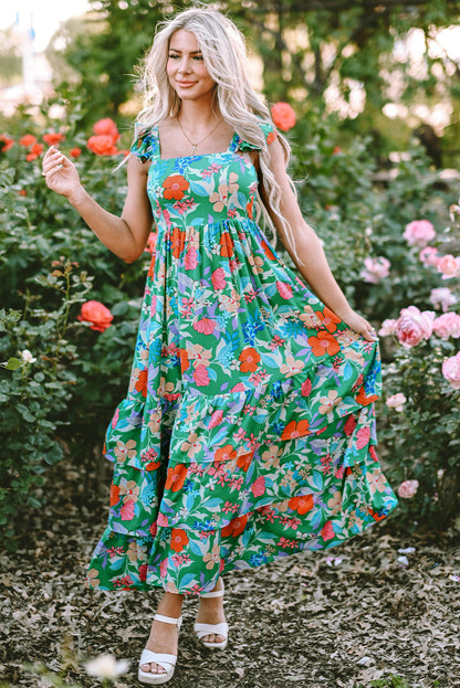 Roze mouwloze maxi-jurk met bloemenprint en ruches - PrizQ