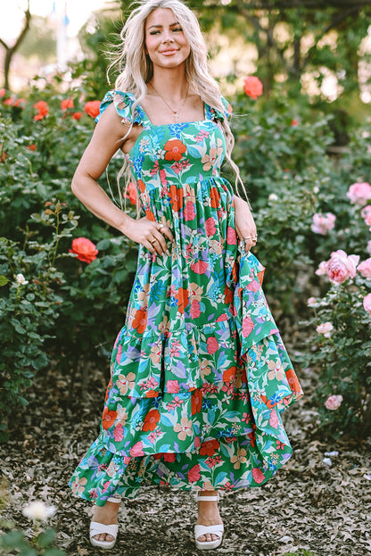 Roze mouwloze maxi-jurk met bloemenprint en ruches - PrizQ