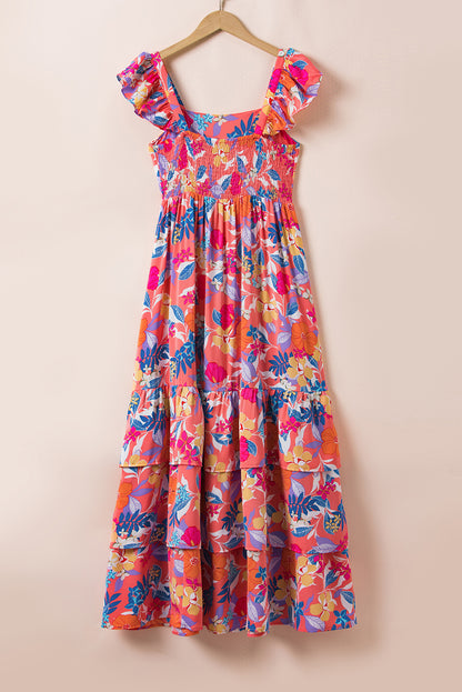 Roze mouwloze maxi-jurk met bloemenprint en ruches - PrizQ