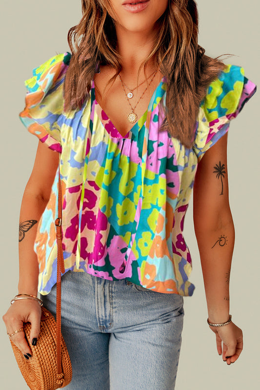 Multicolor Luipaard V-hals Kreukelblouse - PrizQ