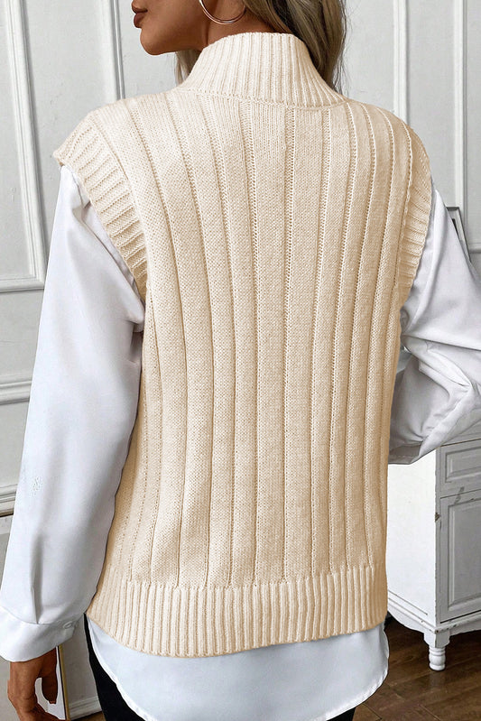 Oatmeal Cable Knit High Neck Sweater Vest - PrizQ