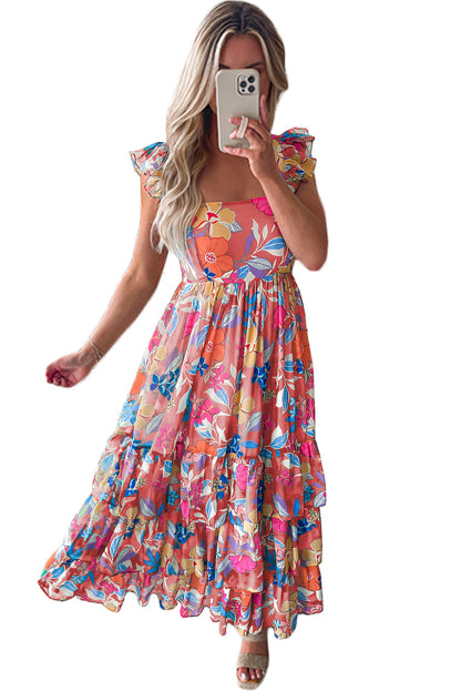Roze mouwloze maxi-jurk met bloemenprint en ruches - PrizQ