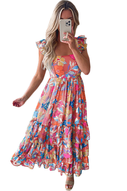 Roze mouwloze maxi-jurk met bloemenprint en ruches - PrizQ