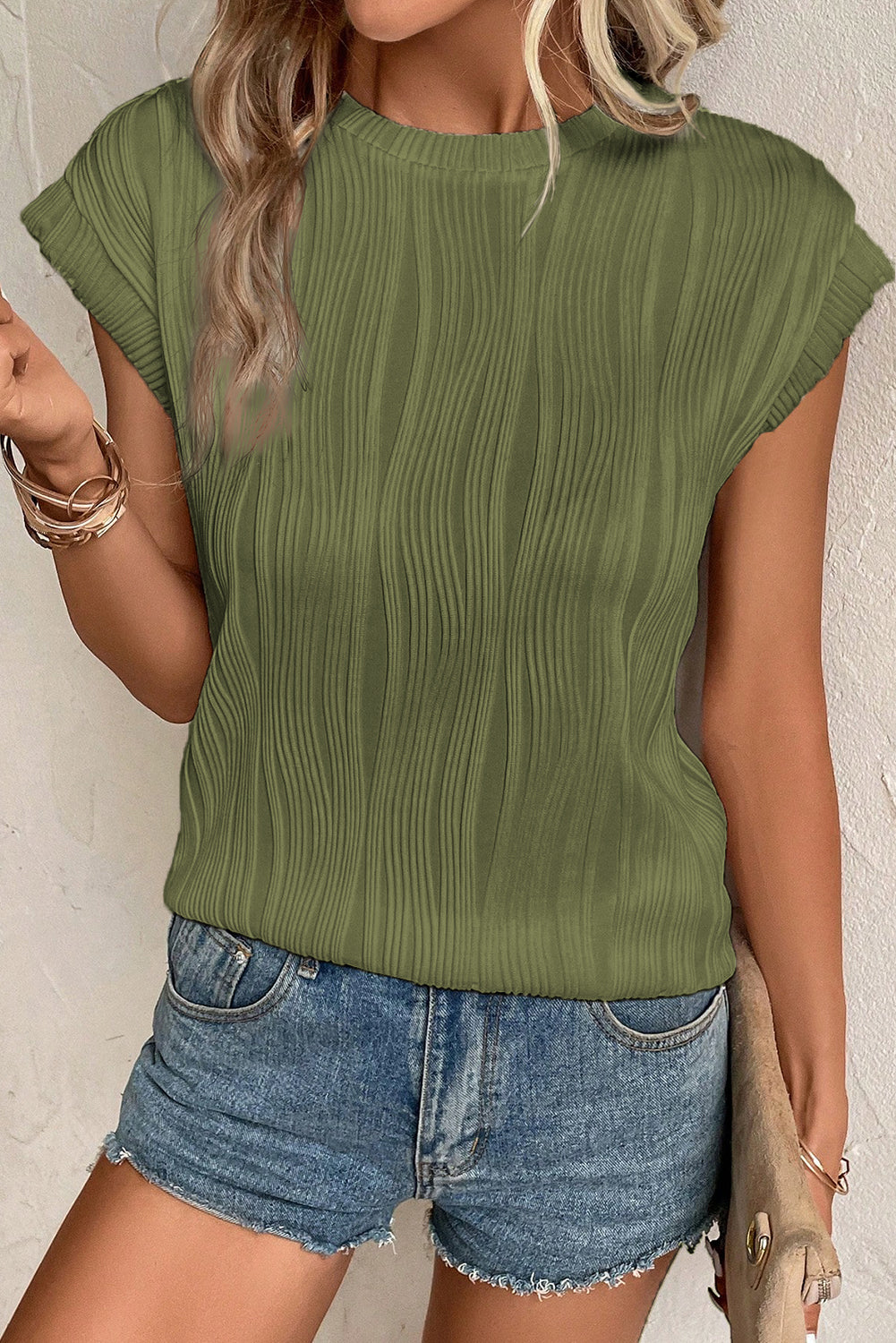 Black Wavy Texture Cap Sleeve Top - PrizQ