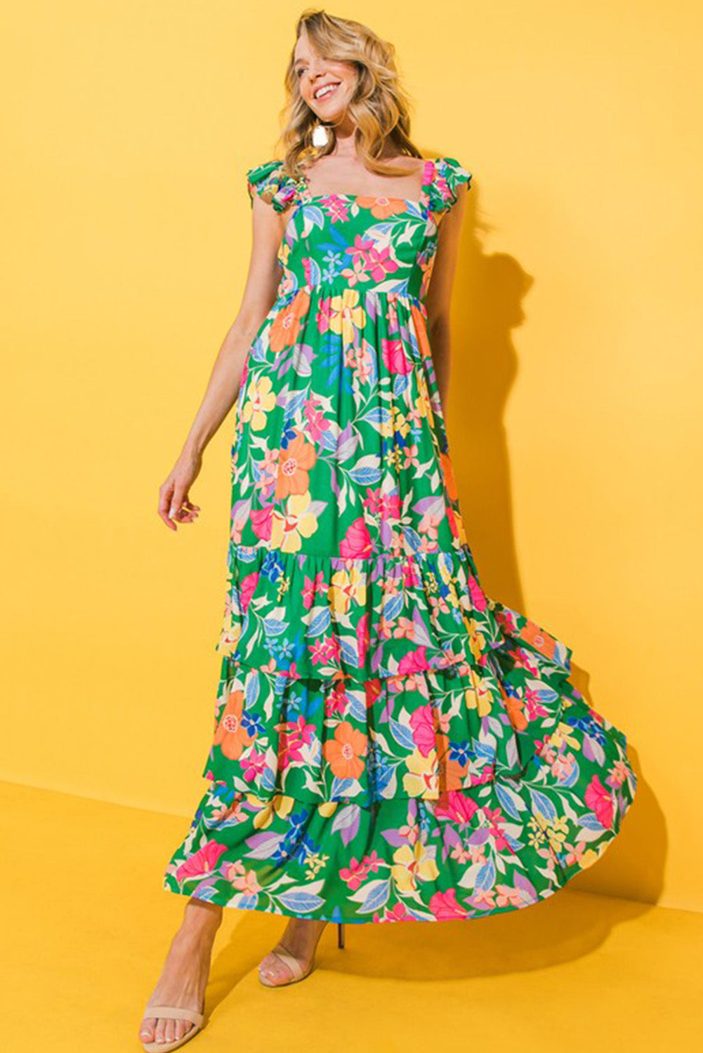 Roze mouwloze maxi-jurk met bloemenprint en ruches - PrizQ