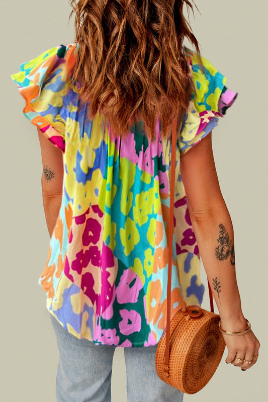 Multicolor Luipaard V-hals Kreukelblouse - PrizQ