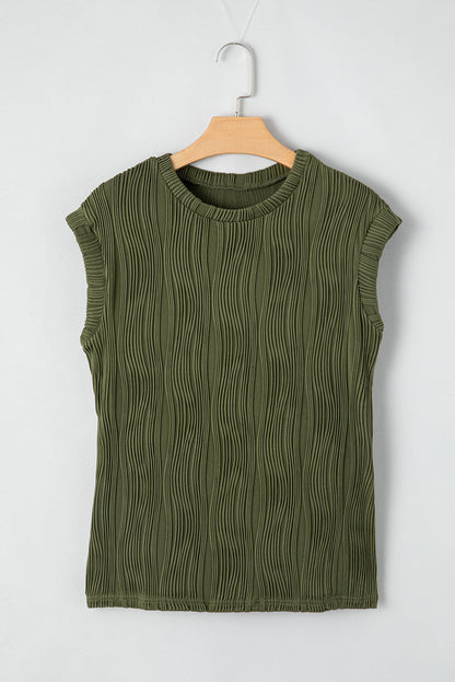 Black Wavy Texture Cap Sleeve Top - PrizQ