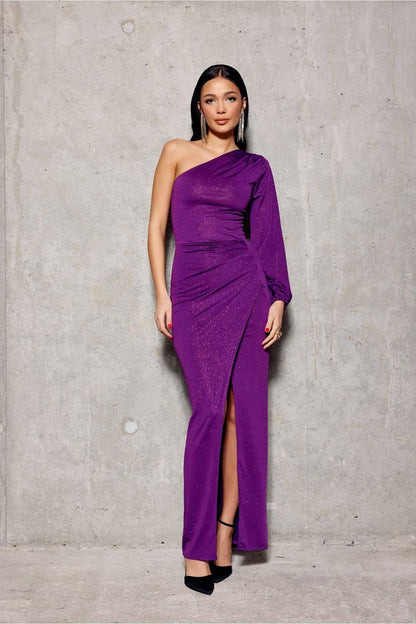 Celestial Shimmer Maxi Jurk met één schouder en glinsterende stof bij avondlicht