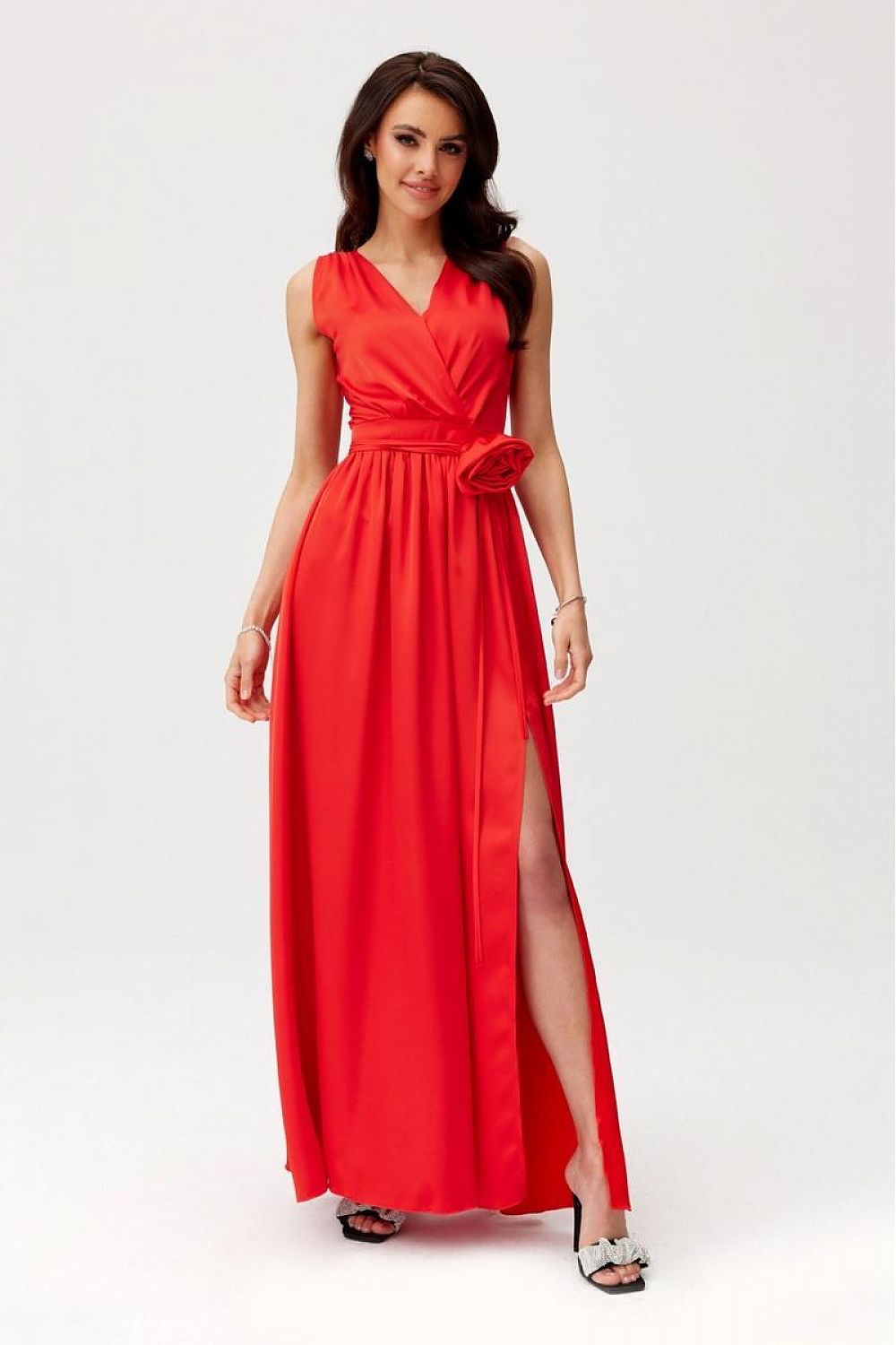 Elegante satijnen avondjurk met ruguitsnede en beensplit – Roco Fashion