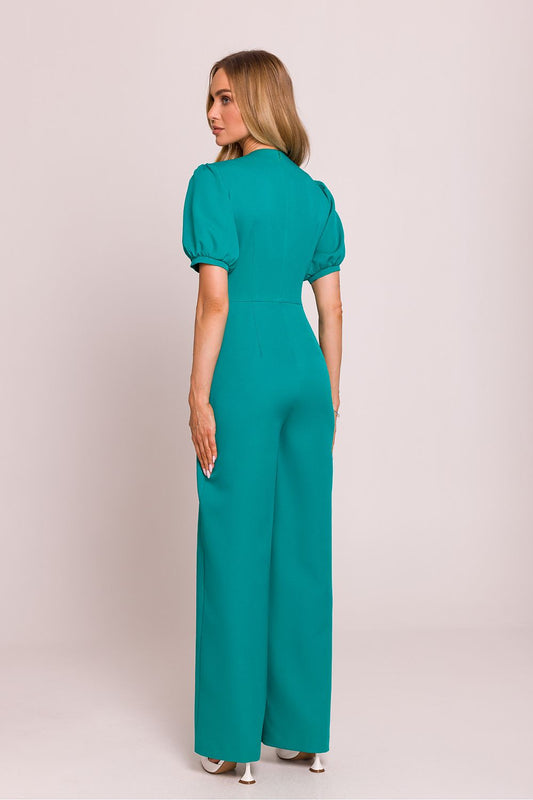 Étoile Poise – Vrouwelijke jumpsuit met diepe V-hals, pofmouwen en uitlopende broekspijpen in elegante stijl.