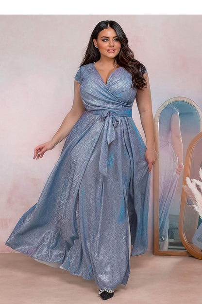 Numoco blauw Radiance Plus Size Jurk 208814 – Glinsterende vuilroze avondjurk met V-hals