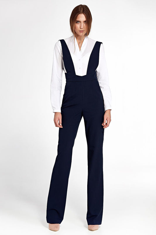 Vintage-inspired marineblauwe jumpsuit met bretels en hoge taille – Nife ChronoMarine Élan