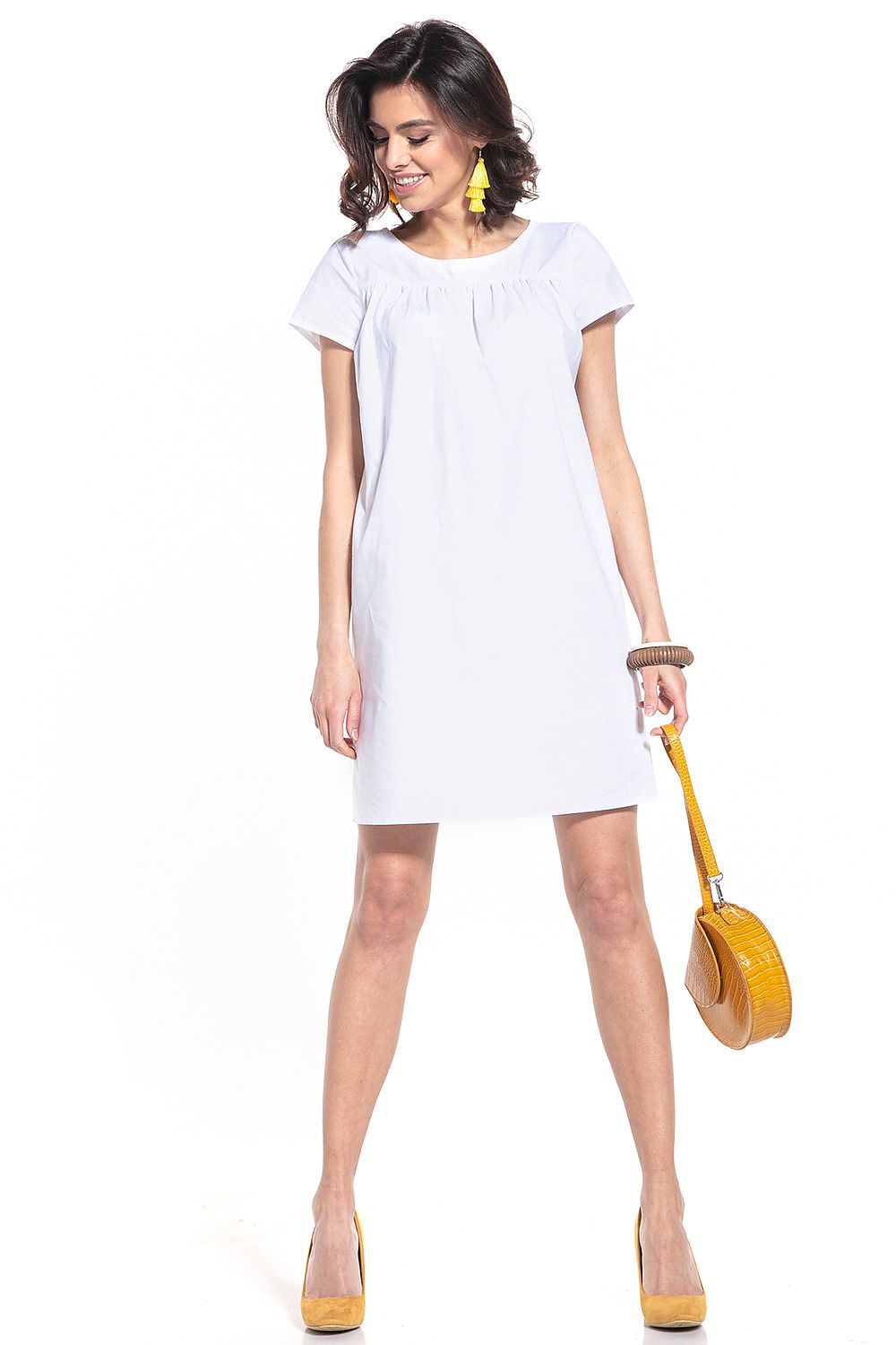 Luna Belle boothals mini-jurk met korte mouwen en geplooide buste – stijlvolle dagjurk