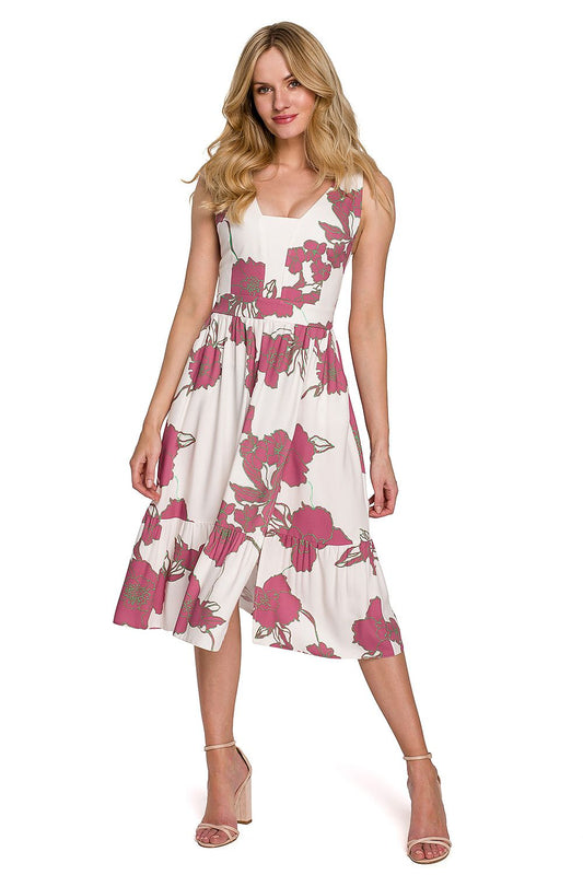 Bloom Curve Midi Jurk met elastische rug, diepe split en elegante halslijn – vrouwelijke en stijlvolle midi-jurk.