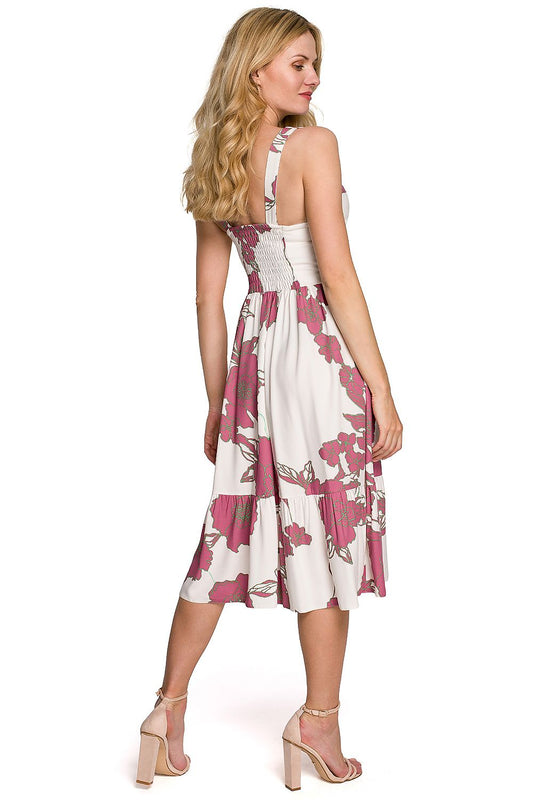Bloom Curve Midi Jurk met elastische rug, diepe split en elegante halslijn – vrouwelijke en stijlvolle midi-jurk.