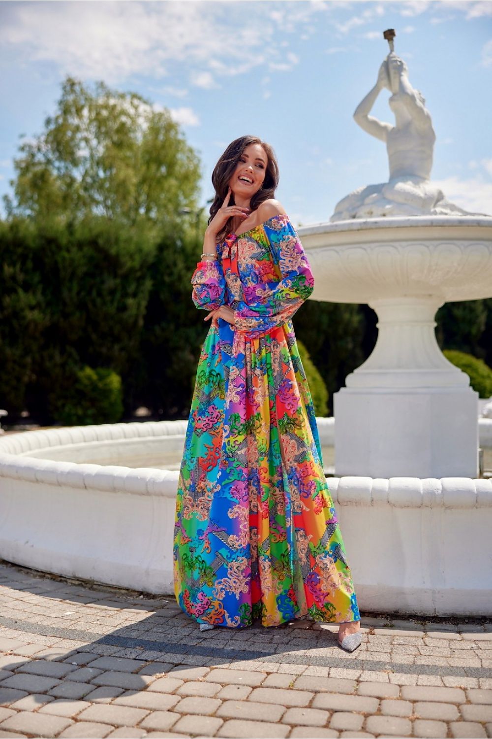 Bella Española Maxi Dress – Elegante Spaanse Jurk met Open Schouders en Split | Roco Fashion