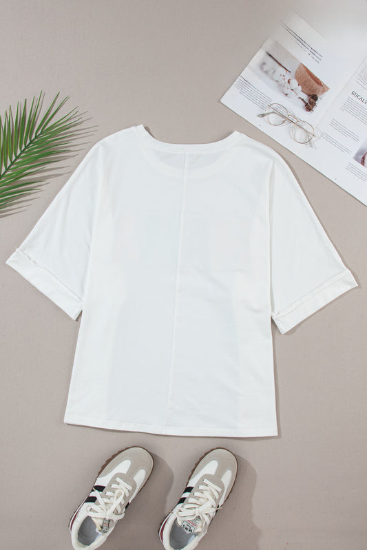 Witte MAMA T-shirt met chenille patches en ronde hals - PrizQ