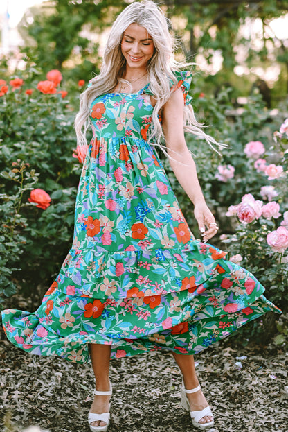 Roze mouwloze maxi-jurk met bloemenprint en ruches - PrizQ