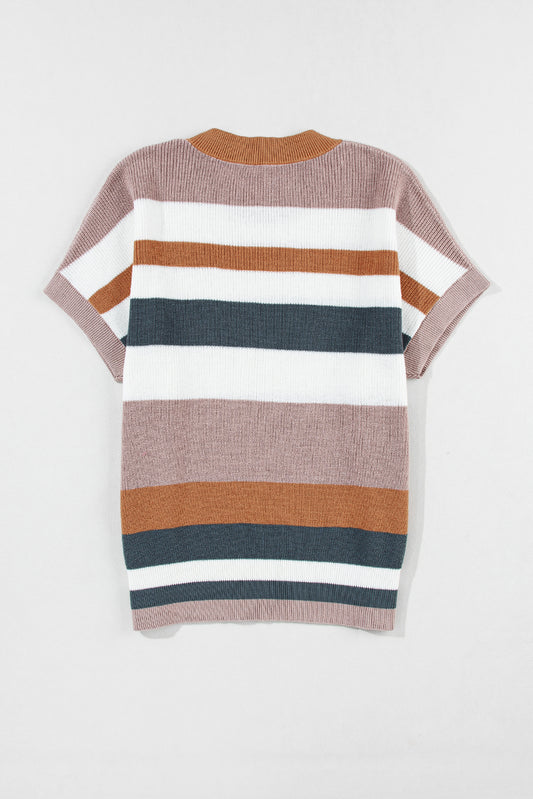 Camel Striped Knit Crew Neck T Shirt Sweater - PrizQ