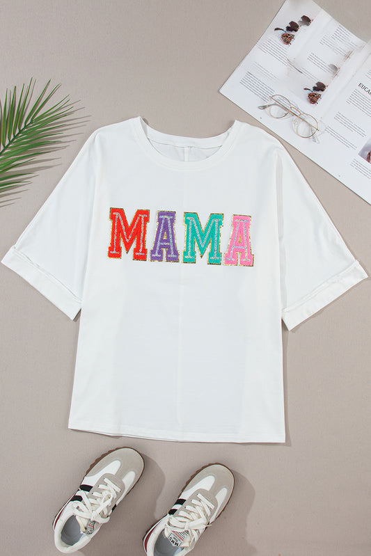 Witte MAMA T-shirt met chenille patches en ronde hals - PrizQ